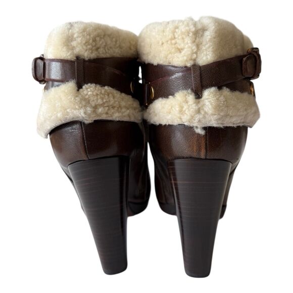 Miu Miu Shearling Lined Brown Leather Ankle Boots SIZE 9.5 Buckle Strap Designer - Picture 3 of 16